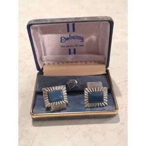 Vintage Embassy Cufflinks and Tie Tack Set Blue Stone Mesh Silver Tone with Box